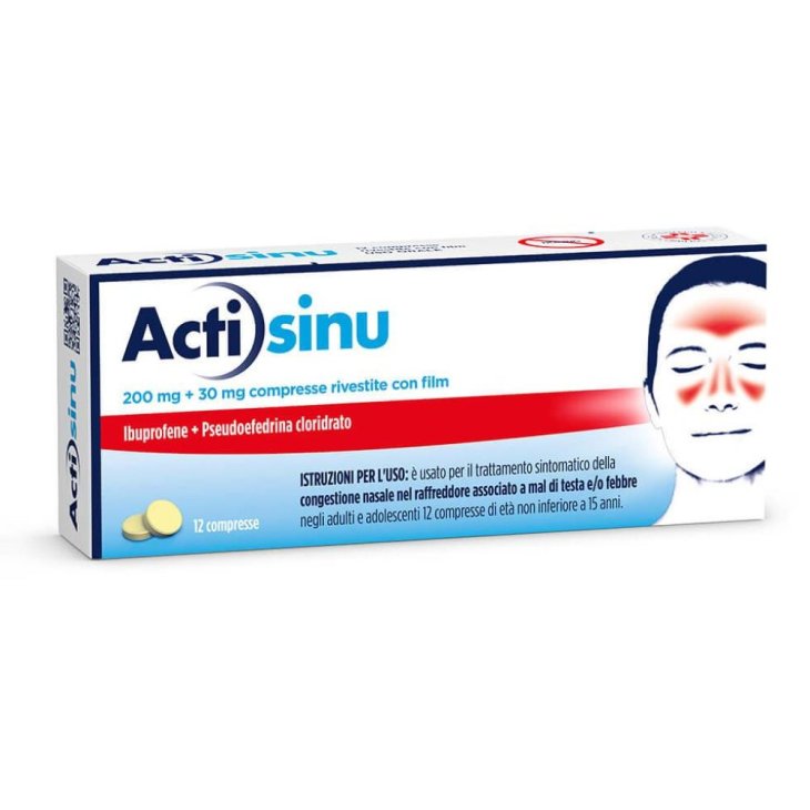 Actisinu - Trattamento della congestione nasale da sinusite o raffreddore - 12 compresse - Ibuprofene 200 mg + Pseudoefedrina cloridrato 30 mg