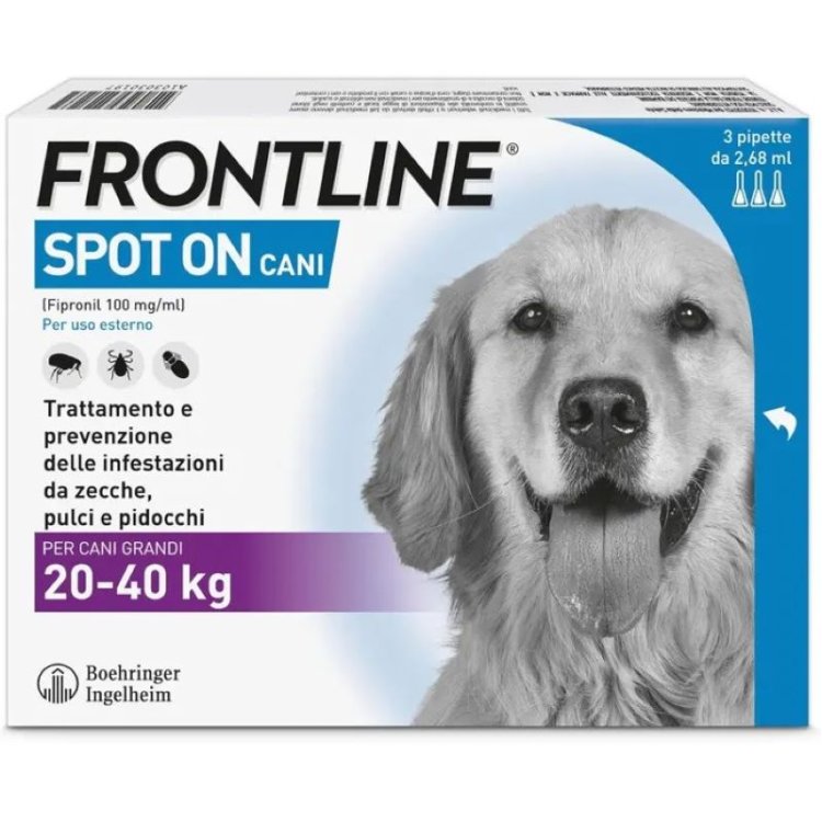 Frontline Spot On Cani da 20 a 40 kg - Pipette antiparassitarie per cani grandi Contro Pulci, Zecche E Pidocchi - 3 pipette