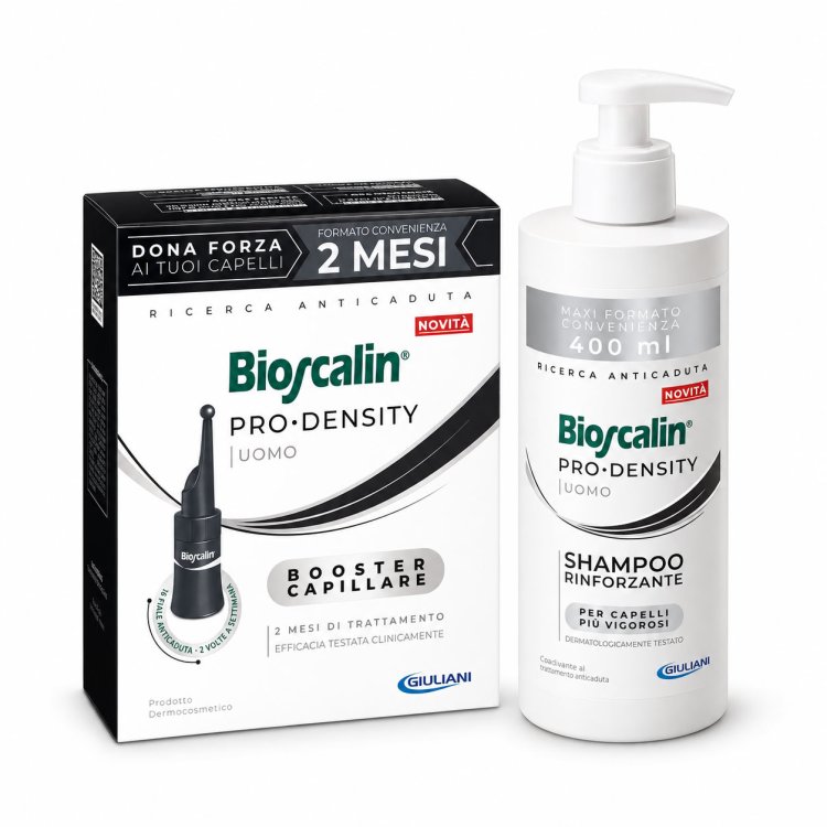Bundle Bioscalin Prodensity Uomo - Fiale anticaduta capelli per 2 mesi di trattamento + Shampoo rinforzante 400 ml Bundle Bioscalin Prodensity Uomo - Fiale anticaduta capelli per 2 mesi di trattamento + Shampoo rinforzante 400 ml