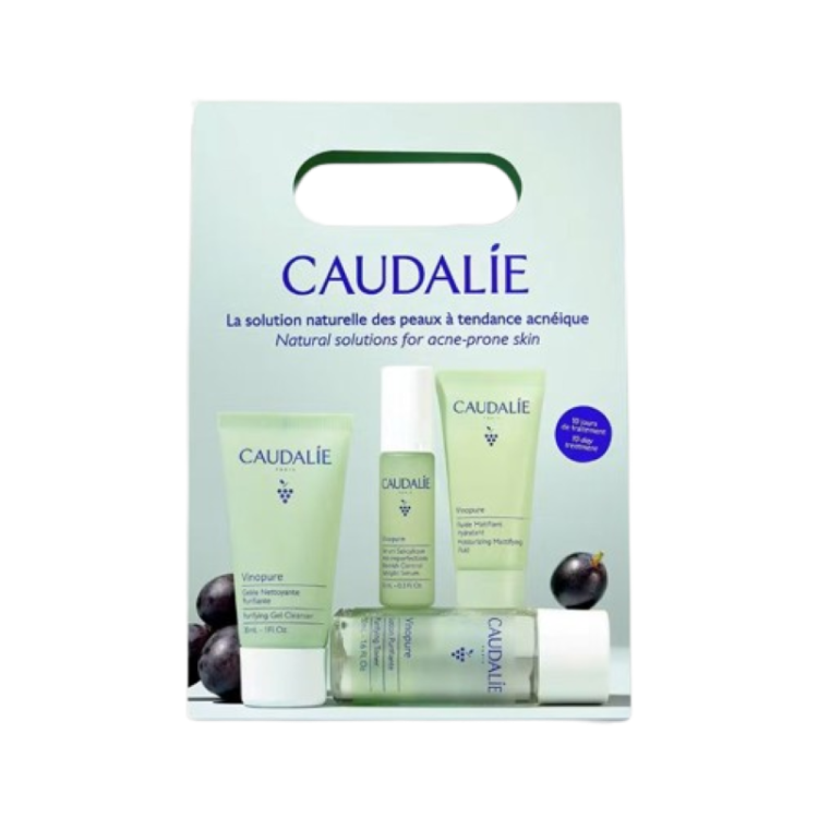 Caudalie Vinopure Starter Kit Cofanetto per Pelle a Tendenza Acneica - Gel detergente 30 ml + Lozione purificante 50 ml + Siero anti-imperfezioni 10 ml + Fluido idratante mat 15 ml