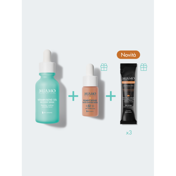 Miamo Protocollo Aox Repair&protect - Contro macchie e rossori della pelle - Vitamin Blend 15% siero 30 ml + Pigment Defense Sunscreen Drops 10 ml + Skin Defense 3 bustine