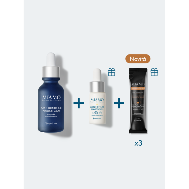 Miamo Protocollo Aox Boost&protect - Protocollo antirughe e colorito spento - GF5 Glutathione siero 30 ml + Aging Defense Sunscreen Drops 10 ml + 3 bustine Skin Defense
