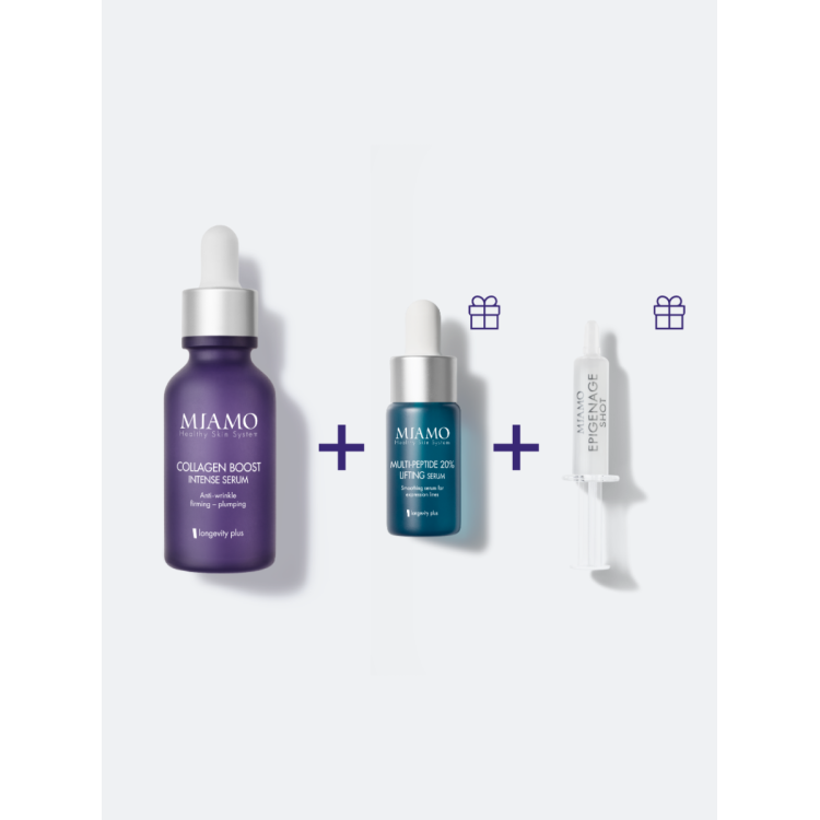 Miamo Protocollo Fill&lift - Collagen Boost 30 ml + Multi peptide 10 ml + Epigenage shot 1 ml - Ideale per rughe di tono ed espressione Miamo Protocollo Fill&lift - Collagen Boost 30 ml + Multi peptide 10 ml + Epigenage shot 1 ml - Ideale per rughe di tono ed espressione