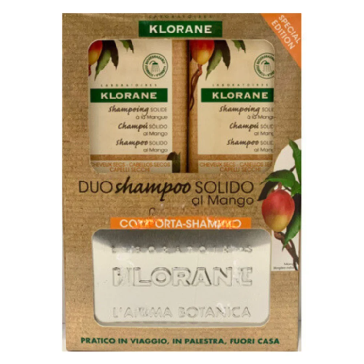 Klorane Shampoo Solido al Mango - Shampoo nutriente + Porta shampoo - 2 x 80 g - Edizione speciale