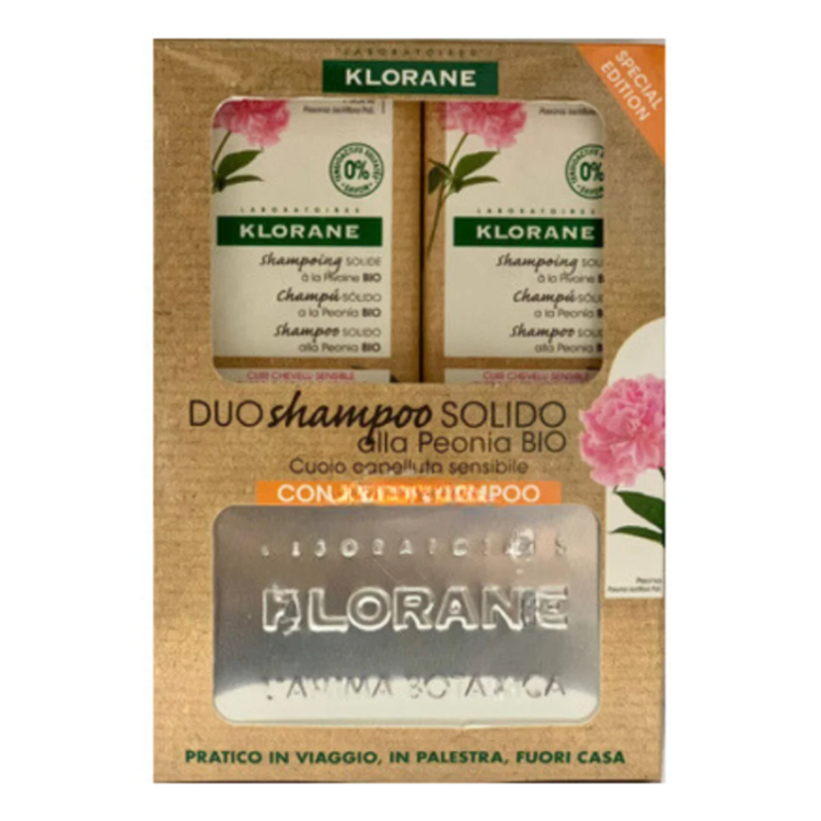 Klorane Shampoo Solido alla Peonia - Shampoo lenitivo + Porta shampoo - 2 x 80 g - Edizione speciale