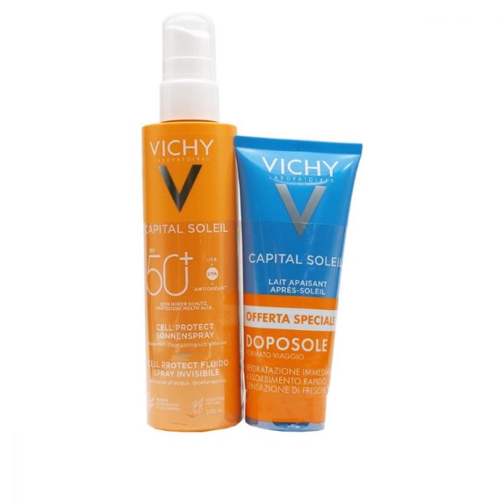 Vichy Capital Soleil Cell Protect Fluido Spray Invisibile SPF 50+ + Latte Doposole - Kit protezione solare 200 ml + doposole lenitivo 100 ml