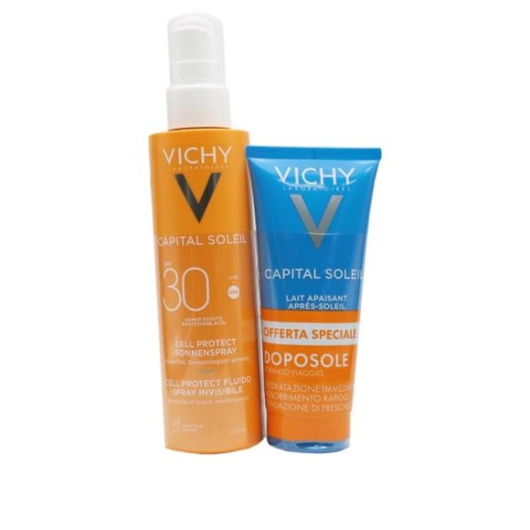 Vichy Capital Soleil Cell Protect Fluido Spray Invisibile SPF 30 + Latte Doposole - Kit protezione solare 200 ml + doposole lenitivo 100 ml