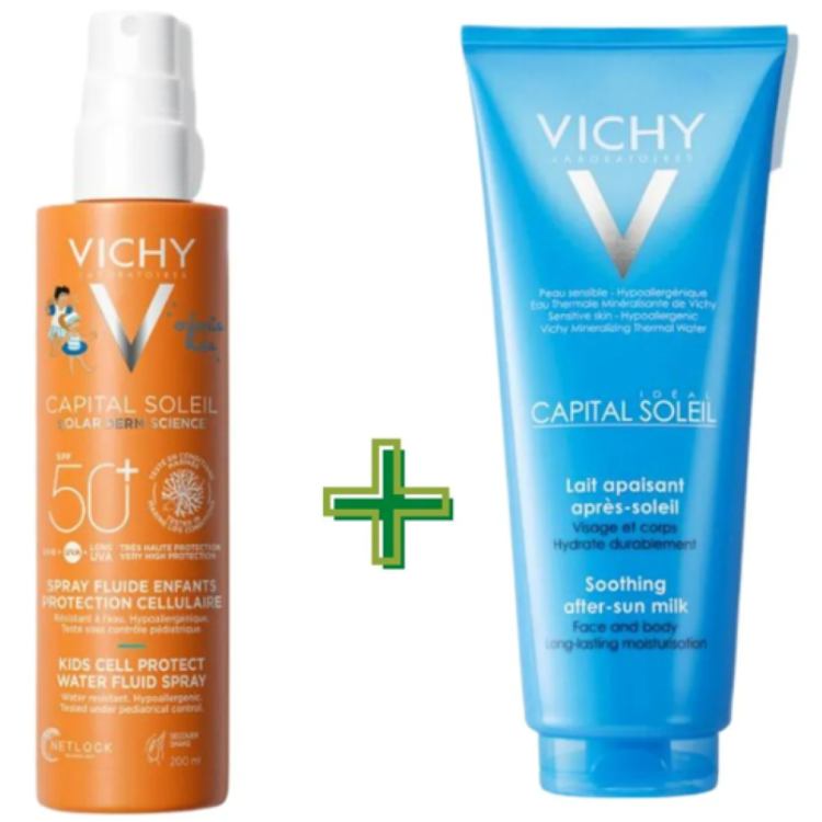 Vichy Capital Soleil Cell Protect Fluido Spray Bambini SPF 50 + + Latte Doposole - Kit protezione solare 200 ml + doposole lenitivo 100 ml