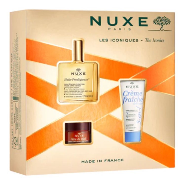 Nuxe Cofanetto Natale Gli Iconici 2024 - Olio prodigioso 50 ml + Crema rimpolpante idratante viso 30 ml + Balsamo labbra al miele 15 g