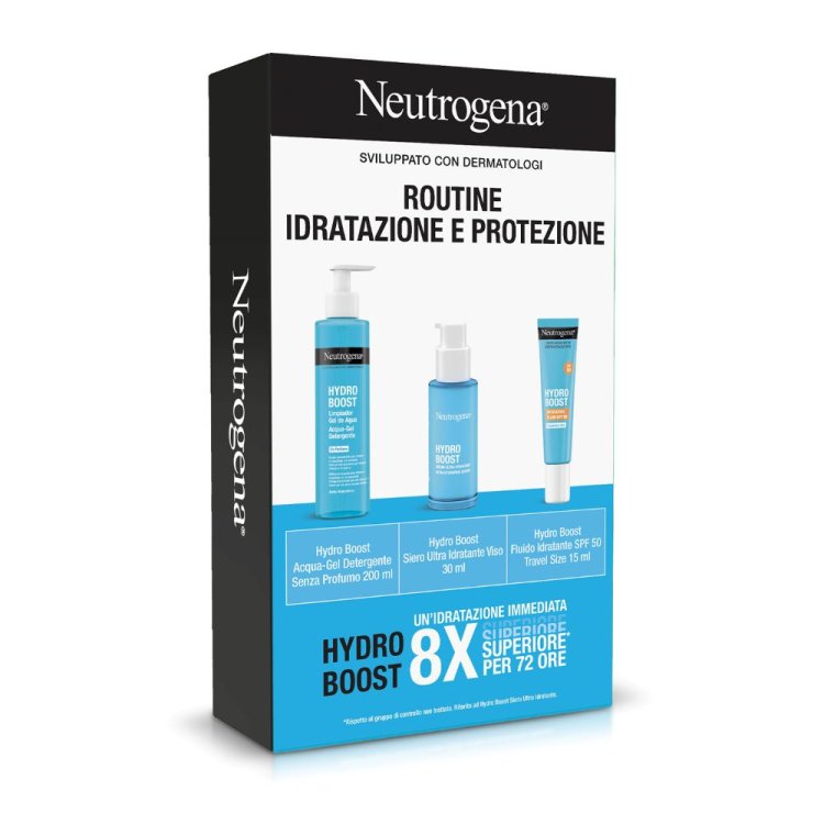 Neutrogena Hydro Boost Routine Idratazione e Protezione - Gel detergente 200 ml + Siero viso 30 ml + Fluido viso SPF 50 15 ml 