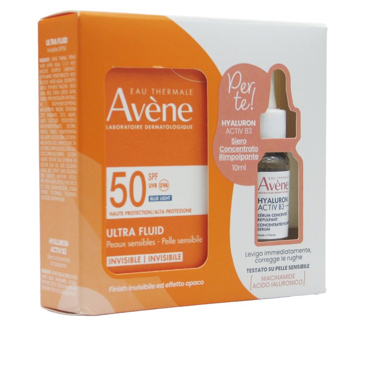 Avene Cofanetto Solare Ultra Fluido Invisibile SPF50 50 ml + Hyaluron Activ B3 Siero rimpolpante 10 ml Avene Cofanetto Solare Ultra Fluido Invisibile SPF50 50 ml + Hyaluron Activ B3 Siero rimpolpante 10 ml
