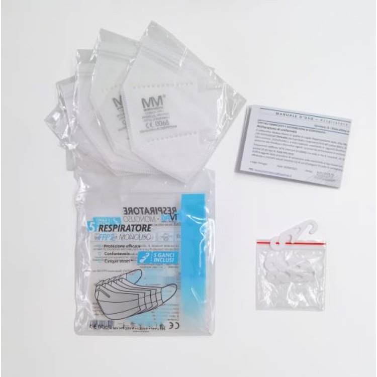 Mascherina Protettiva FFP2 Munus Medical - Dispositivo di protezione individuale DPI - Confezione da 5 pezzi con Ganci Salvaorecchie