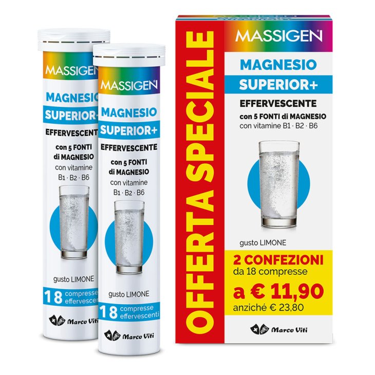 Massigen Magnesio Superior+ - Integratore di Magnesio per stanchezza fisica e mentale -  2 confezioni da 18 compresse effervescenti ciascuna