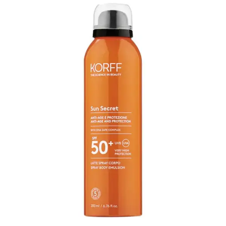 Korff Sun Secret Latte Spray Protettivo Anti-Età SPF 50+ - Latte spray solare corpo protezione solare molto alta - 200 ml