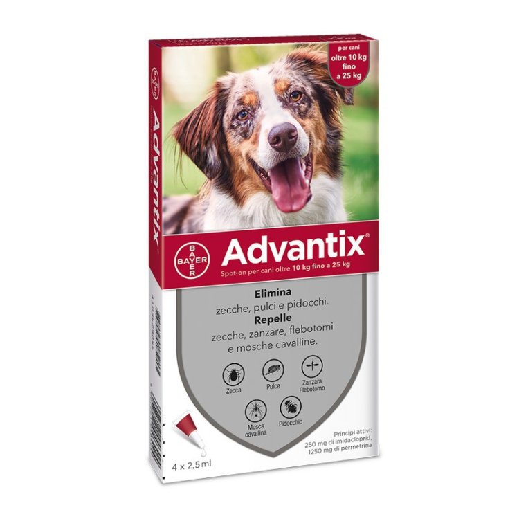 Advantix Spot-On per Cani da 10 a 25 Kg - Pipette antiparassitarie - 4 Pipette monodose da 2,5 ml