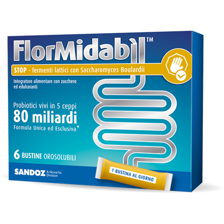 FlorMidabil Stop - Integratore per l'equilibrio della flora batterica intestinale - con Stevia - 6 bustine orosolubili