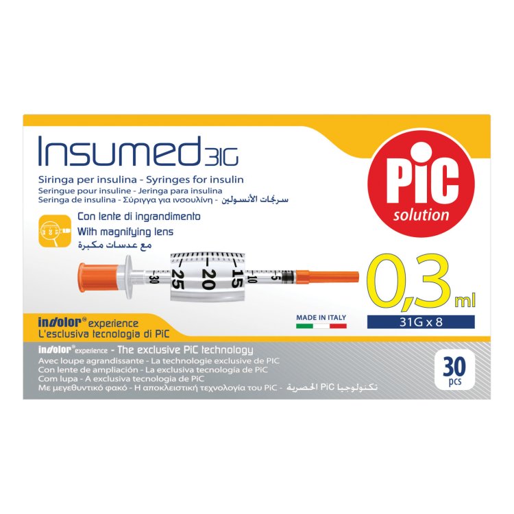 Pic Insumed Siringhe Insulina 0.3 ml 100 UI con Ago 31G 30 Pezzi