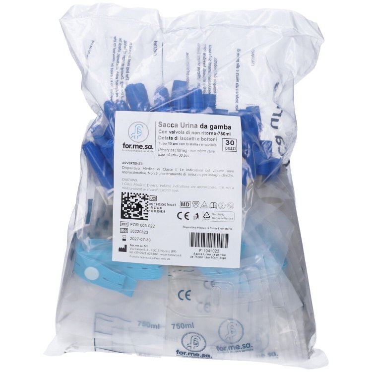 For.Me.Sa Sacca Urina da Gamba 750ml con Tubo 10cm, Laccetti e Bottoni - 30 Pezzi