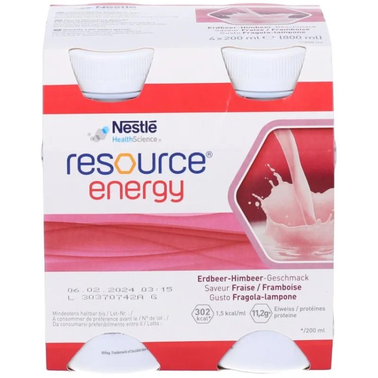 Nestl&eacute; Resource Energy Fragola e Lampone Alimento Ipercalorico 4 Bottiglie da 200ml