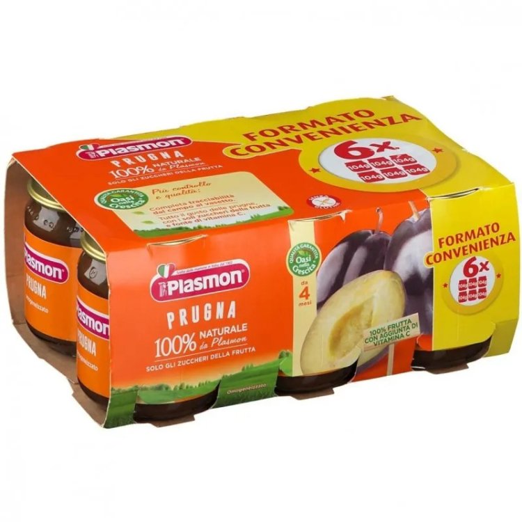 Plasmon Omogeneizzato Prugna Alimento Infanzia +4 Mesi 6x104g con Vitamina C