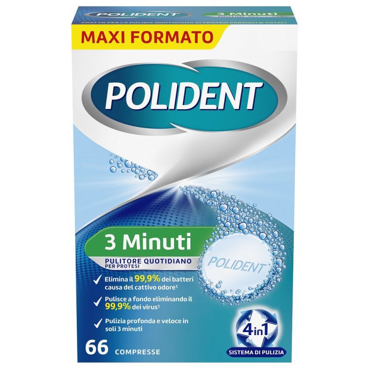 Polident 3 Minuti Pulitore Protesi Dentale Quotidiano Antibatterico - 66 Compresse