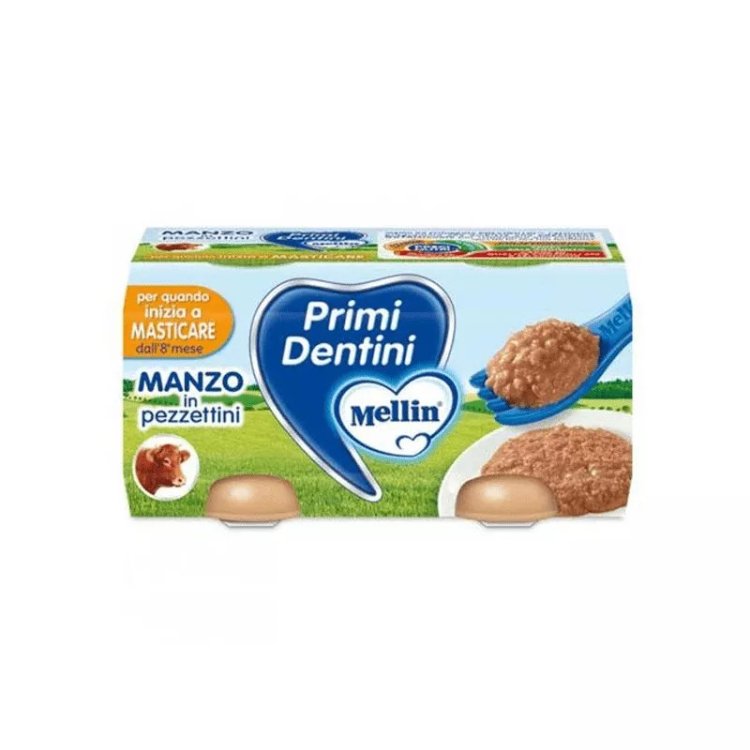 Mellin Primi Dentini Omogeneizzato Manzo Alimento Infanzia 2 Vasetti x 80g