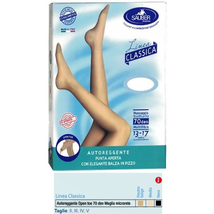 Sauber Autoreggenti Open Toe 70 Den Neutro Beige Taglia 5 Maglia Liscia Linea Classica