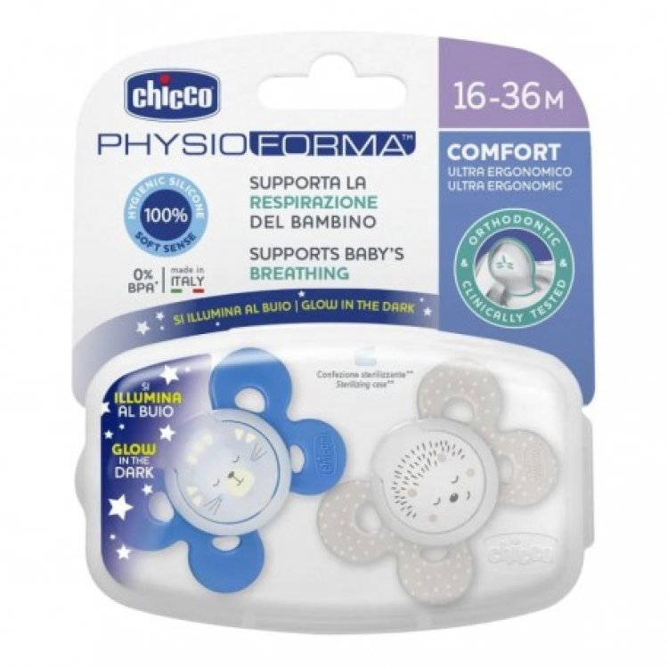 Chicco PhysioForma Comfort Lumi Succhietto Silicone Azzurro 16-36 Mesi 2 Pezzi Chicco PhysioForma Comfort Lumi Succhietto Silicone Azzurro 16-36 Mesi 2 Pezzi