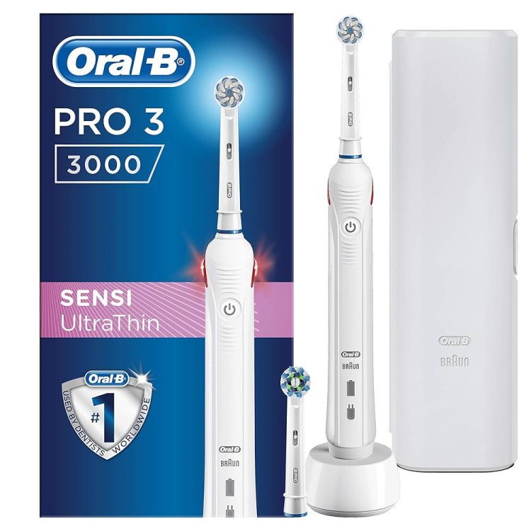 Oral-B Pro 3 Spazzolino Elettrico con Sensore Pressione e Timer + 2 Testine