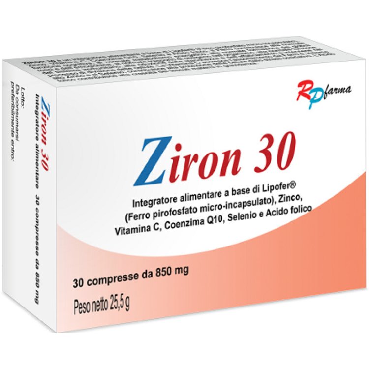 Rp Farma Ziron 30 Integratore Alimentare Ferro, Zinco, Vitamina C, Coenzima Q10, Selenio e Acido Folico - 30 Compresse