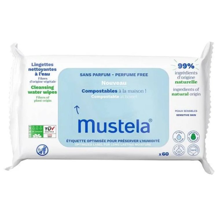 Mustela Salviette all'Acqua Compostabili Senza Profumo per Pelli Sensibili 60 Pezzi