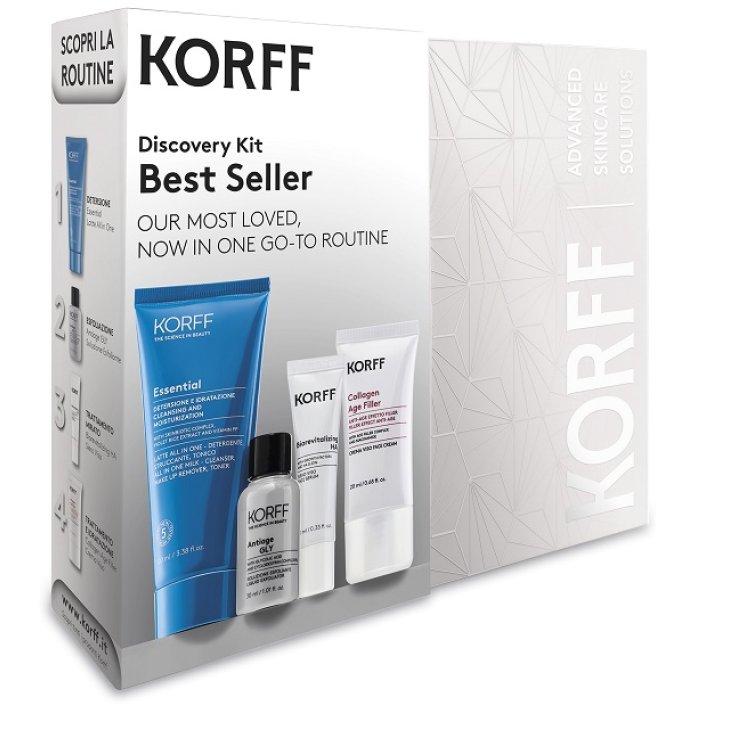 Korff Cofanetto di Natale 2025 Kit Best Seller - Latte detergente 100 ml + Soluzione esfoliante GLY 30 ml + Siero 10 ml + Crema 20 ml