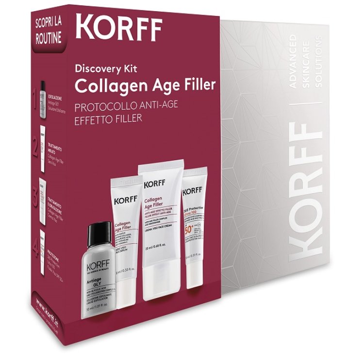 Korff Cofanetto di Natale 2025 Discovery Kit Collagen Age Filler - Soluzione esfoliante GLY 30 ml + Siero 10 ml + Crema 20 ml + Fluido Viso SPF50+ 15 ml