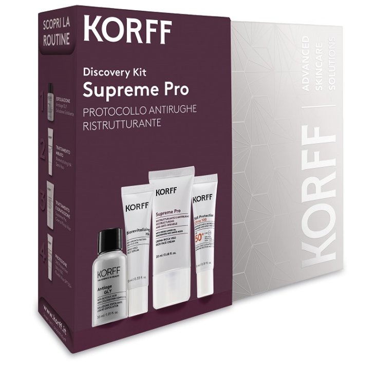 Korff Cofanetto di Natale 2025 Discovery Kit Supreme Pro - Soluzione esfoliante GLY 30 ml + Siero 10 ml + Crema 20 ml + Fluido Viso SPF50+ 15 ml