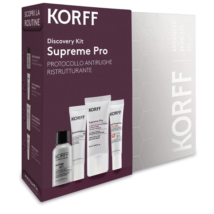 Korff Cofanetto di Natale 2025 Discovery Kit Supreme Pro - Soluzione esfoliante GLY 30 ml + Siero 10 ml + Crema 20 ml + Fluido Viso SPF50+ 15 ml