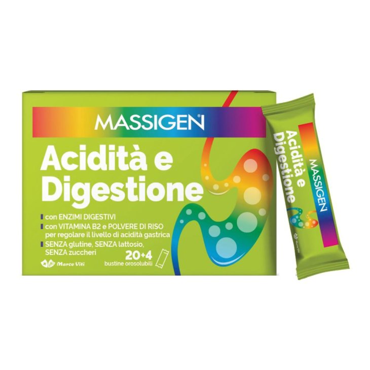 Massigen Acidità e Digestione - Integratore per regolare l'acidità gastrica - 20 + 4 bustine orosolubili 