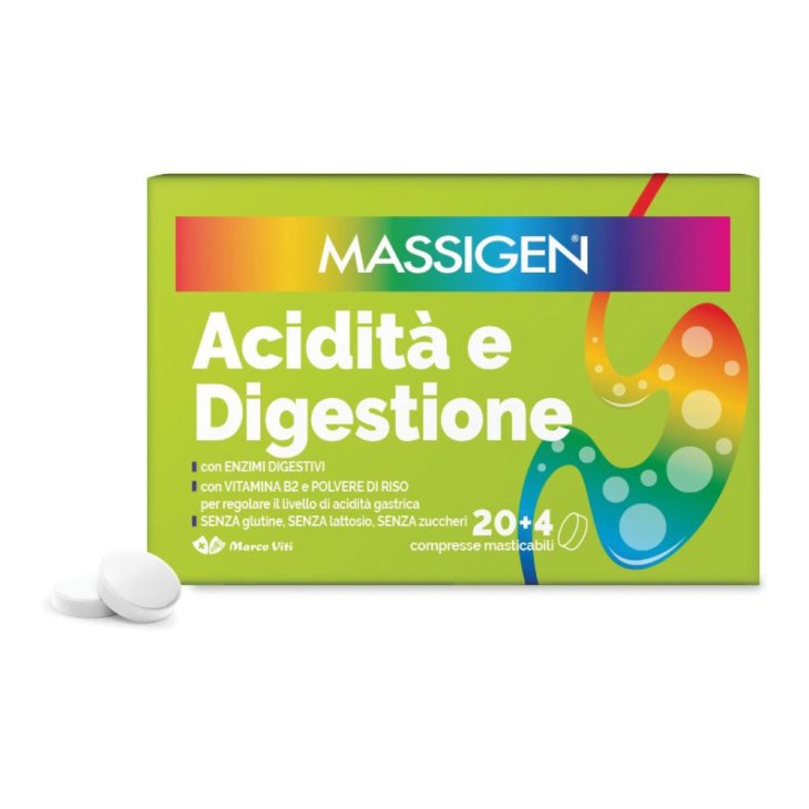 Massigen Acidità e Digestione - Integratore per regolare l'acidità gastrica - 20 + 4 compresse masticabili