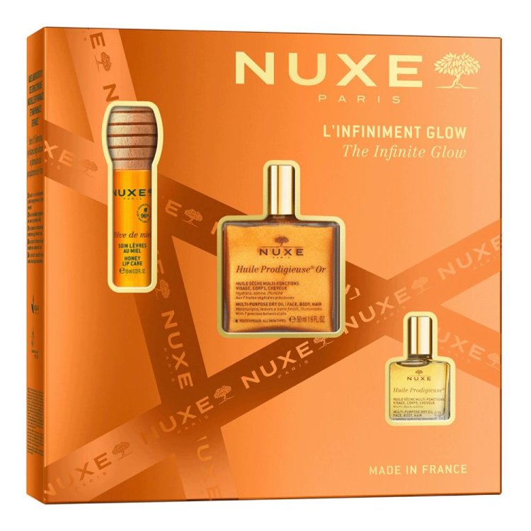 Nuxe Cofanetto di Natale 2025 Luminosità Infinita - Olio prodigioso oro 50 ml + Reve de Miel gloss labbra + Olio prodigioso 10 ml 