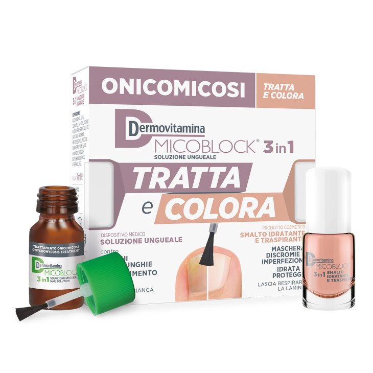 Dermovitamina Micoblock 3 in 1 Tratta e Colora - Soluzione ungueale 7 ml + Smalto idratante e traspirante 5 ml 