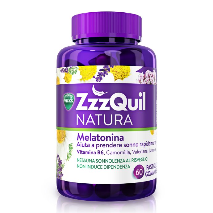 Vicks ZzzQuil Natura - Integratore a base di melatonina per il riposo notturno - 60 pastiglie gommose Vicks ZzzQuil Natura - Integratore a base di melatonina per il riposo notturno - 60 pastiglie gommose