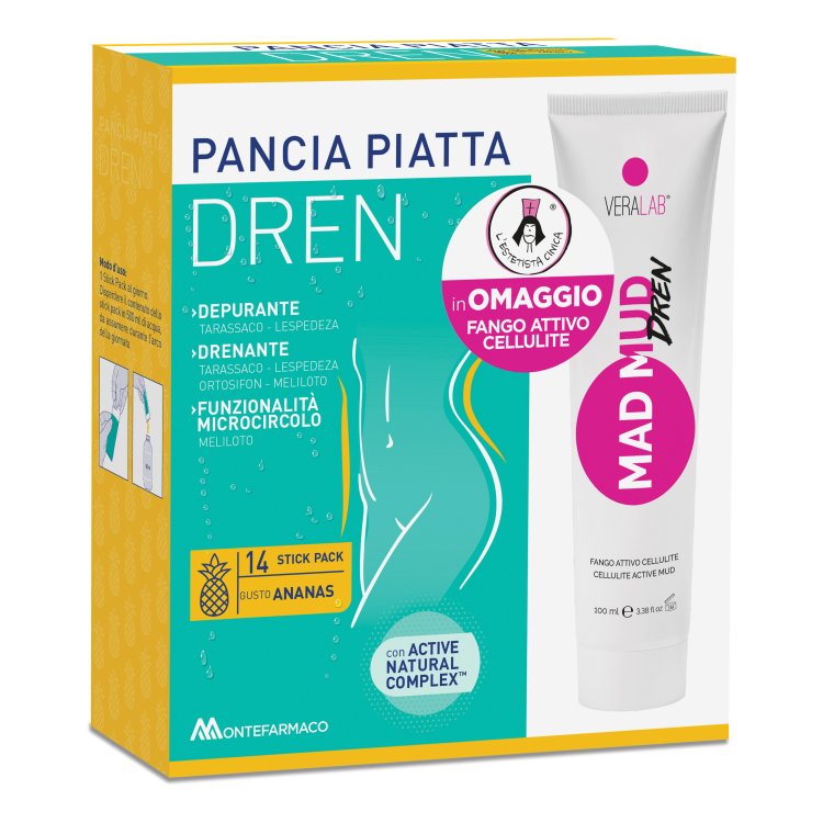 Pancia Piatta Dren - Integratore drenante + Fango anti cellulite in omaggio - Gusto Ananas - 14 bustine