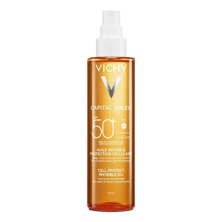 Vichy Capital Soleil Cell Protect Olio Invisibile SPF 50+ - Protezione solare molto alta per viso, corpo e capelli - 200 ml